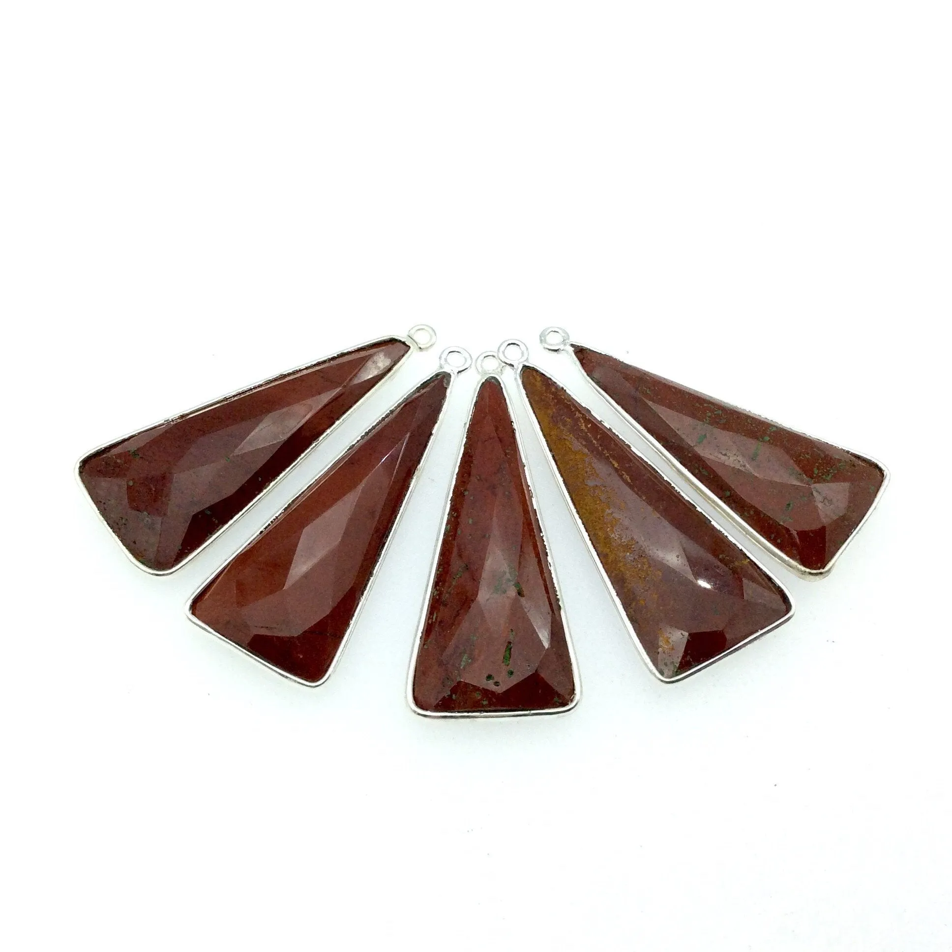 Silver Finish Faceted Red Jasper Long Triangle Shaped Bezel Pendant Component - Measuring 15mm x 35mm - Natural Semi-precious Gemstone