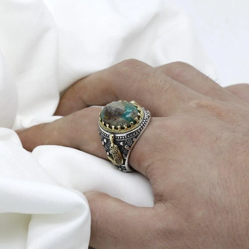 Silver Natural Green Turquoise stone Men's Ring