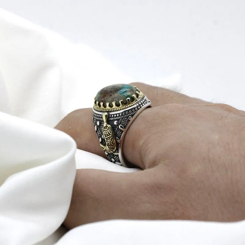 Silver Natural Green Turquoise stone Men's Ring