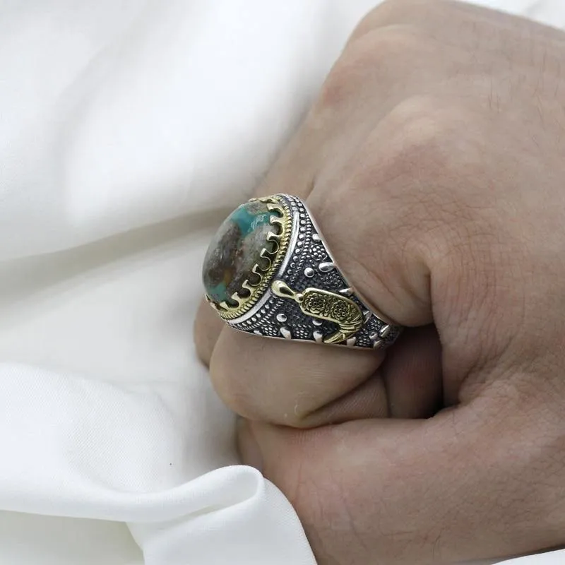 Silver Natural Green Turquoise stone Men's Ring