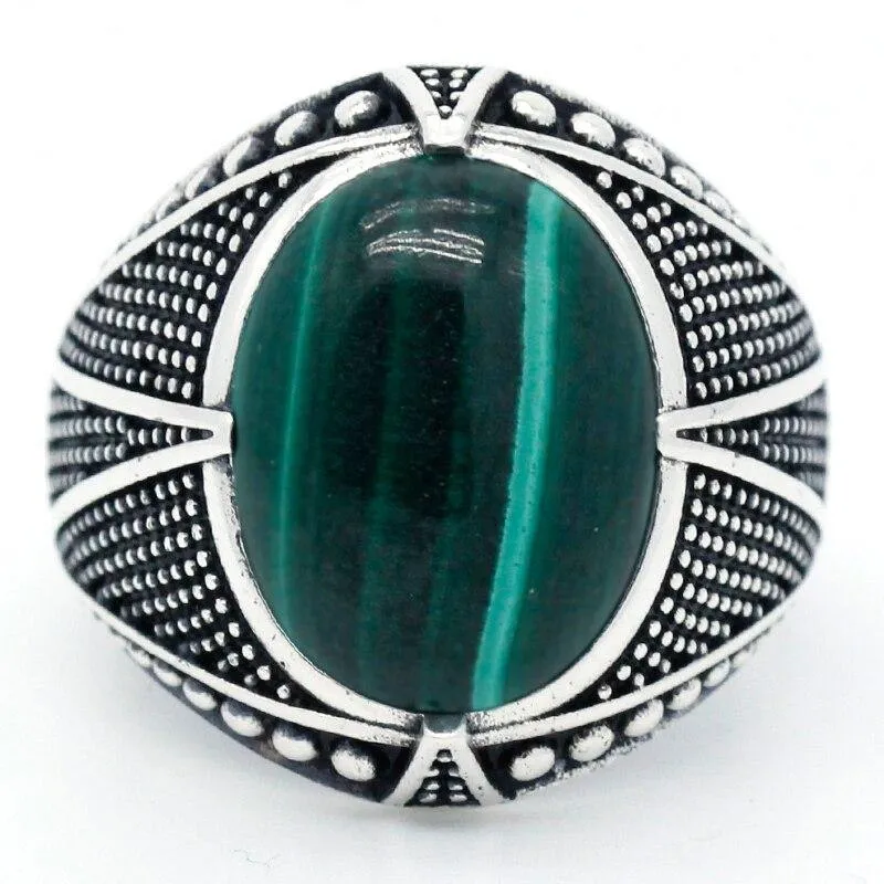 Silver Natural Malachite Gemstone Vintage Ring