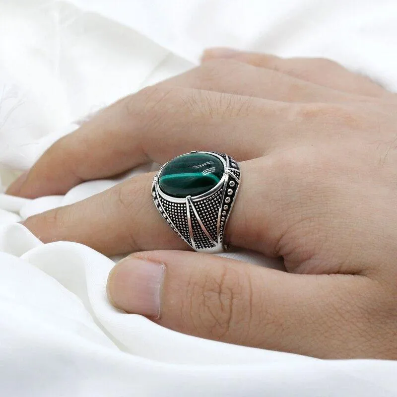 Silver Natural Malachite Gemstone Vintage Ring