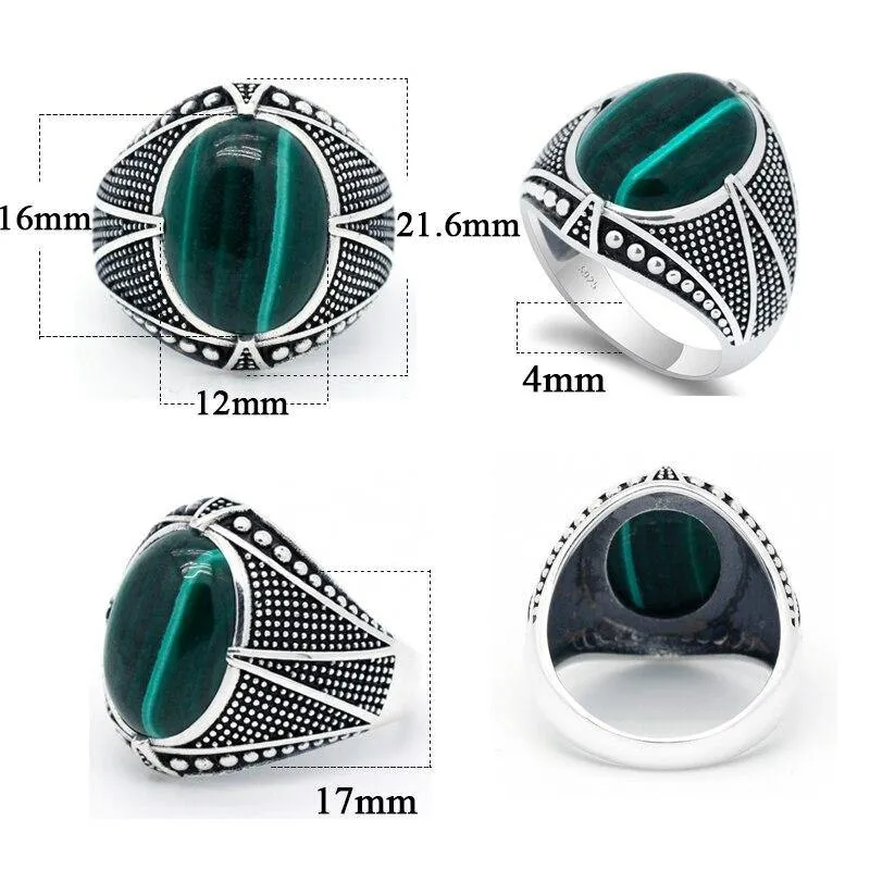 Silver Natural Malachite Gemstone Vintage Ring