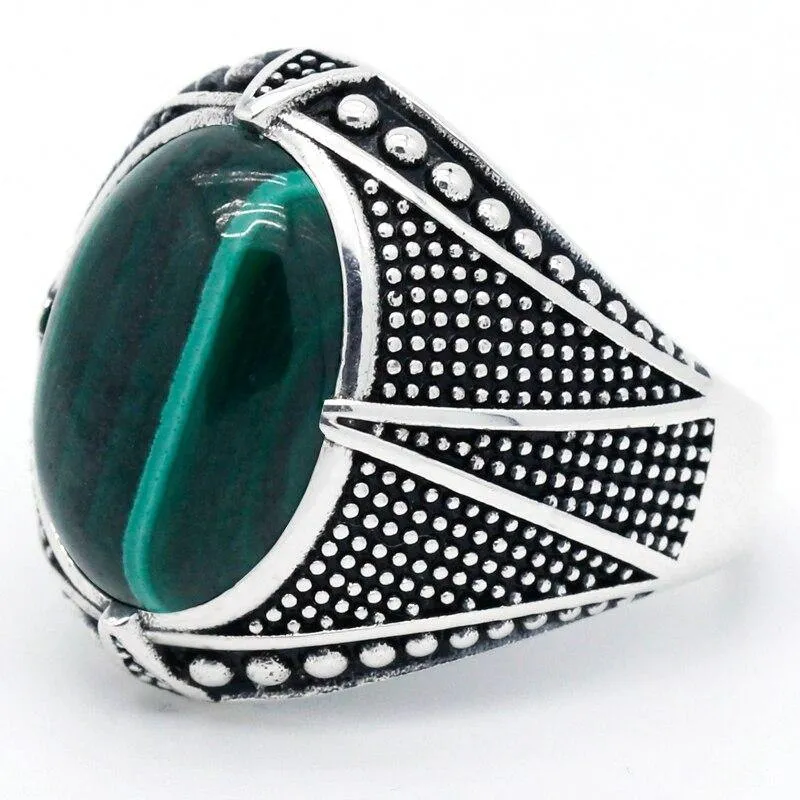 Silver Natural Malachite Gemstone Vintage Ring
