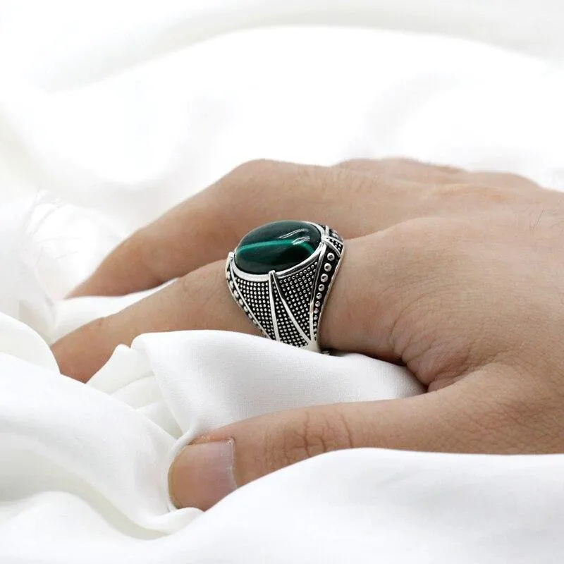 Silver Natural Malachite Gemstone Vintage Ring