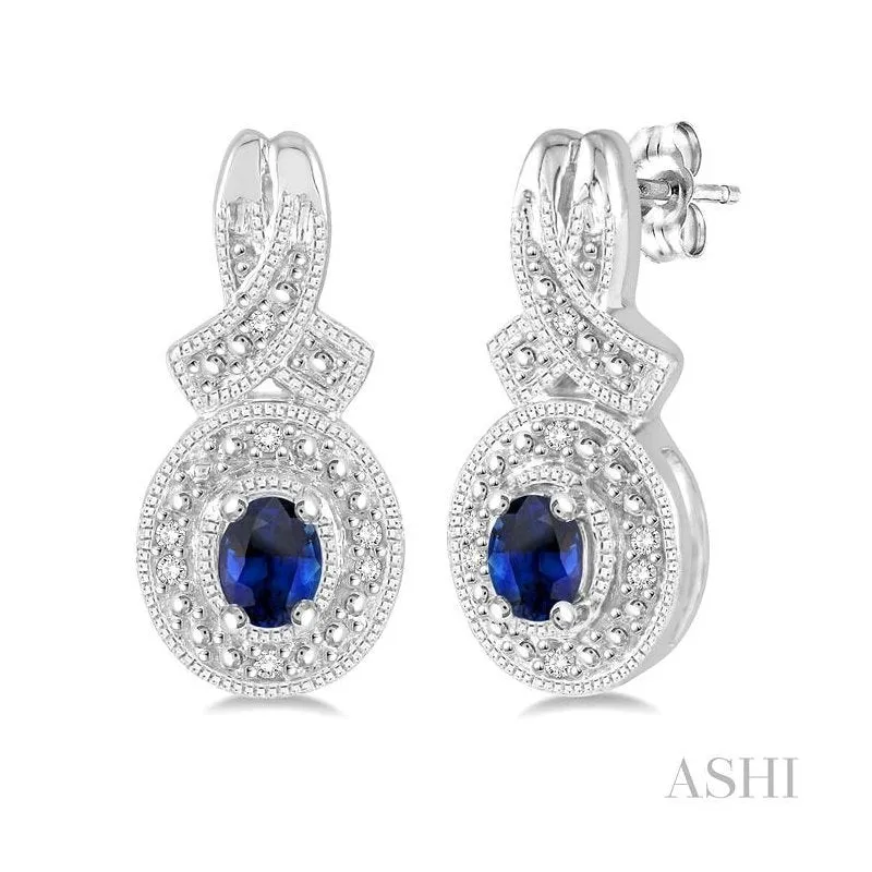 Silver Oval Shape Gemstone & Diamond Earrings