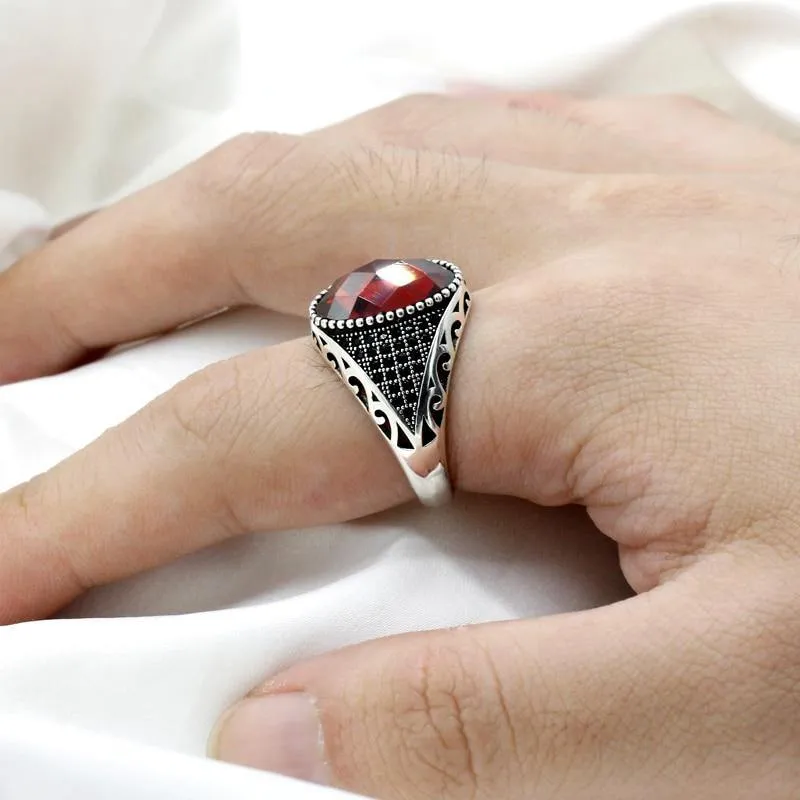 Silver Red and Black CZ Crystals Vintage Ring