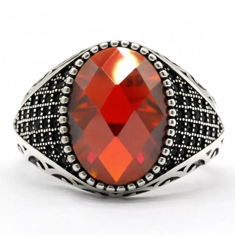 Silver Red and Black CZ Crystals Vintage Ring