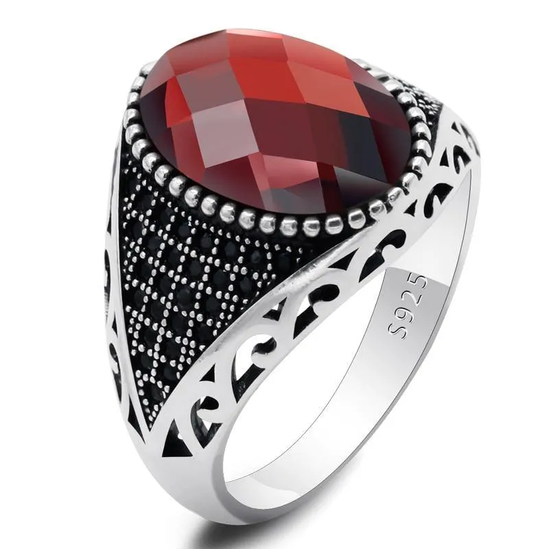 Silver Red and Black CZ Crystals Vintage Ring