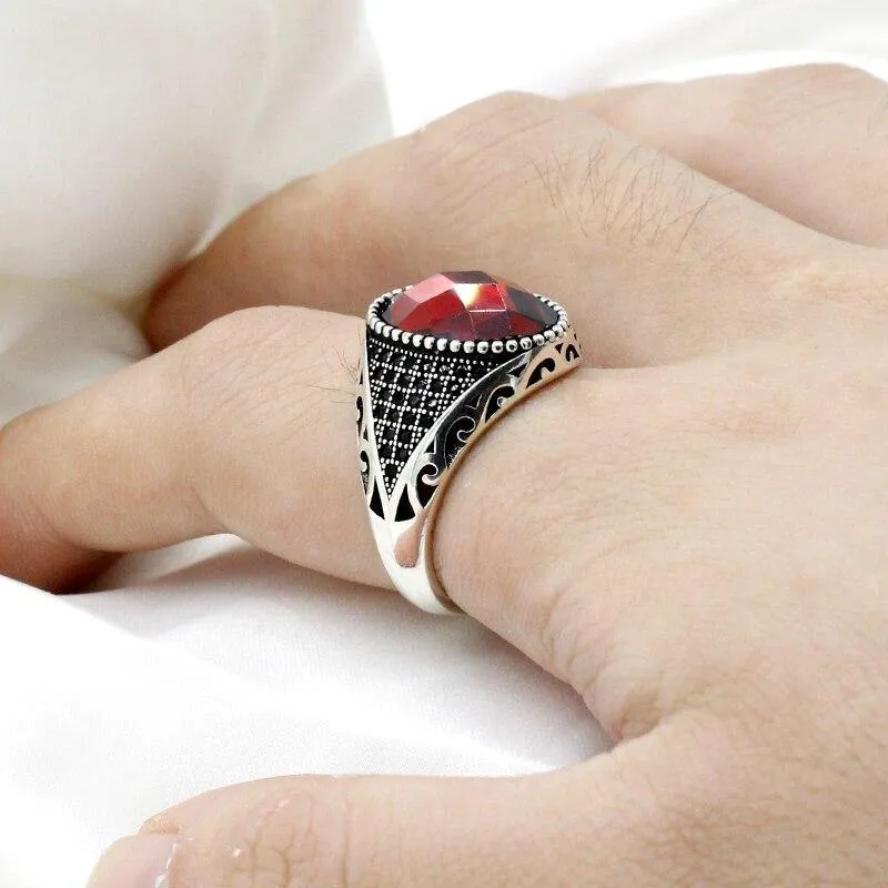 Silver Red and Black CZ Crystals Vintage Ring