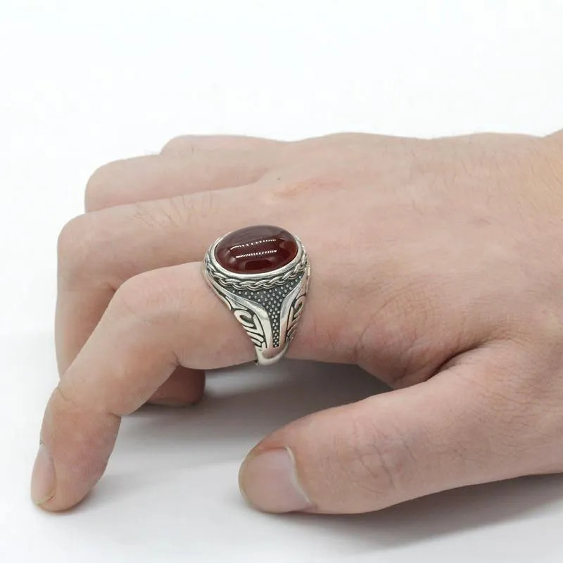 Silver Red Onyx Stone Transparent CZ men's Ring