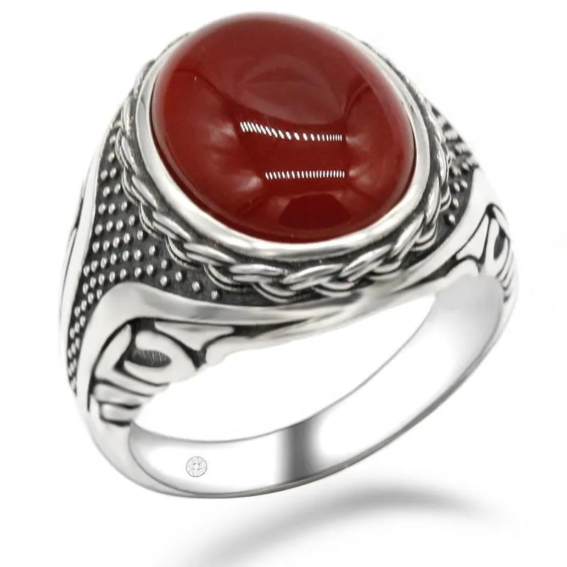 Silver Red Onyx Stone Transparent CZ men's Ring
