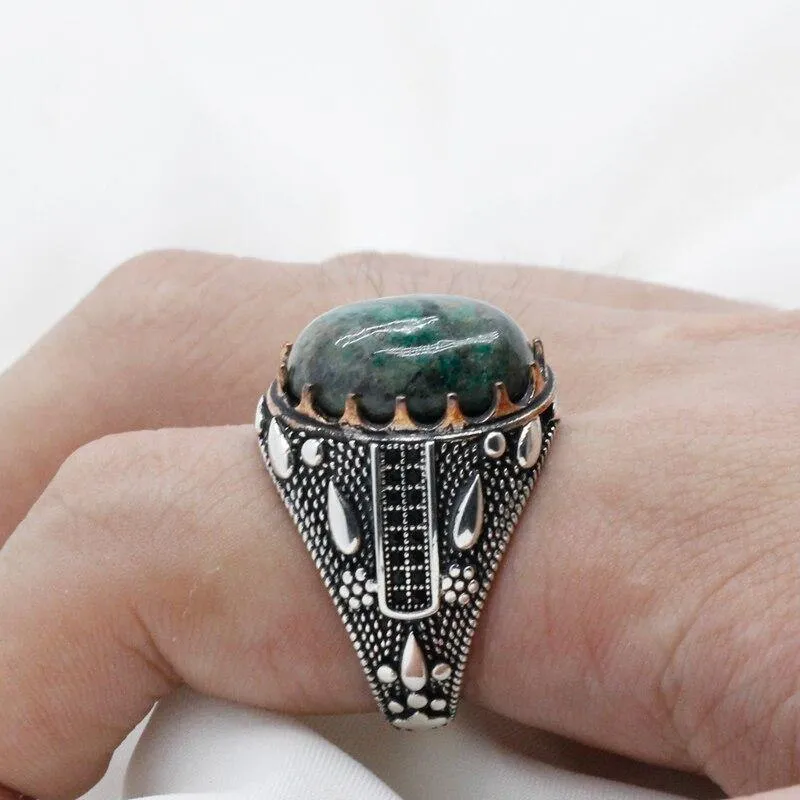 Silver Water Drop Design Natural Phoenix & Black CZ Ring