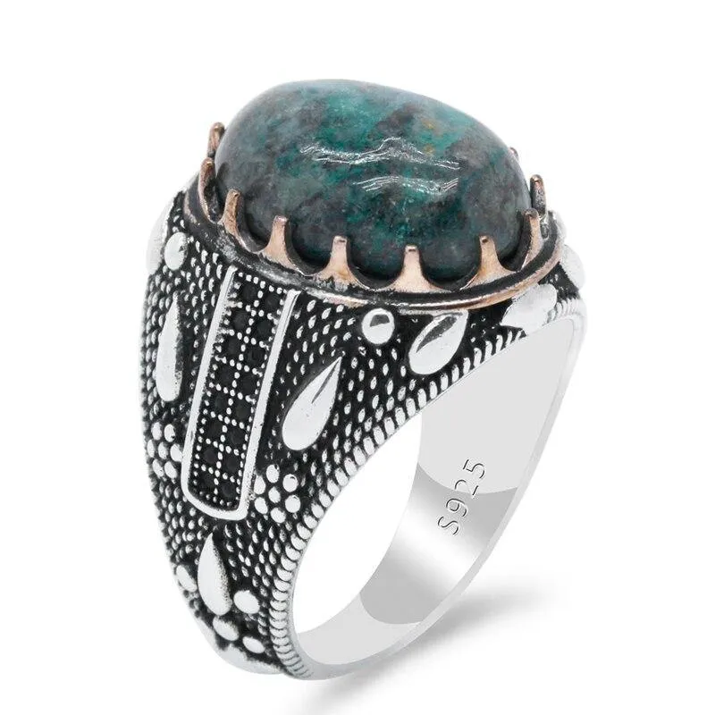 Silver Water Drop Design Natural Phoenix & Black CZ Ring
