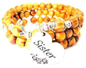 Sister Heart With Flowers Natural Wood Wrap Bracelet
