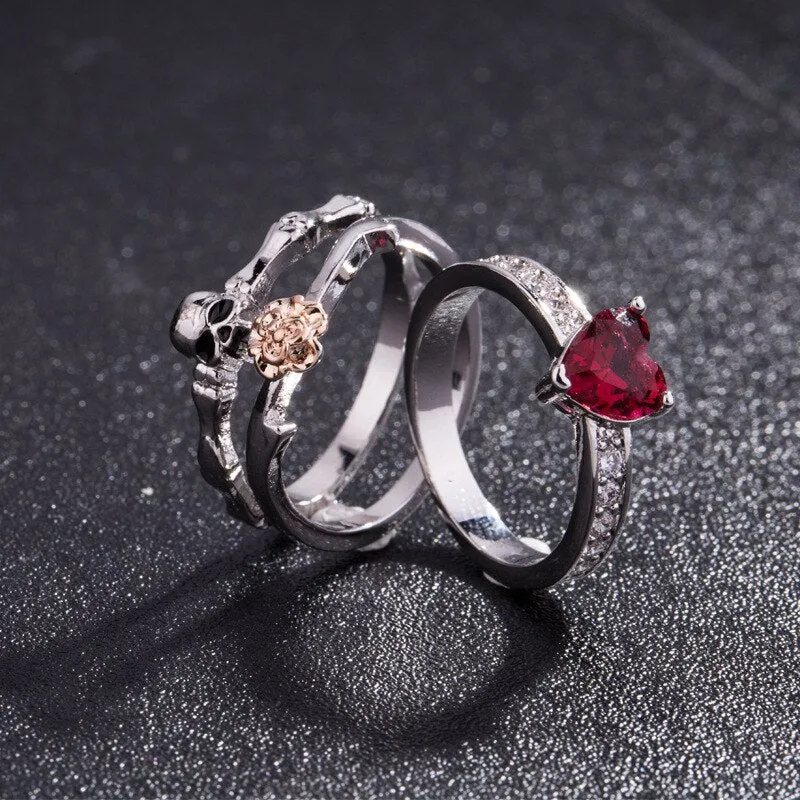 Skull Finger  female wedding rings set For Women Red Heart Crystal CZ Rose Flower Skeleton Gothic