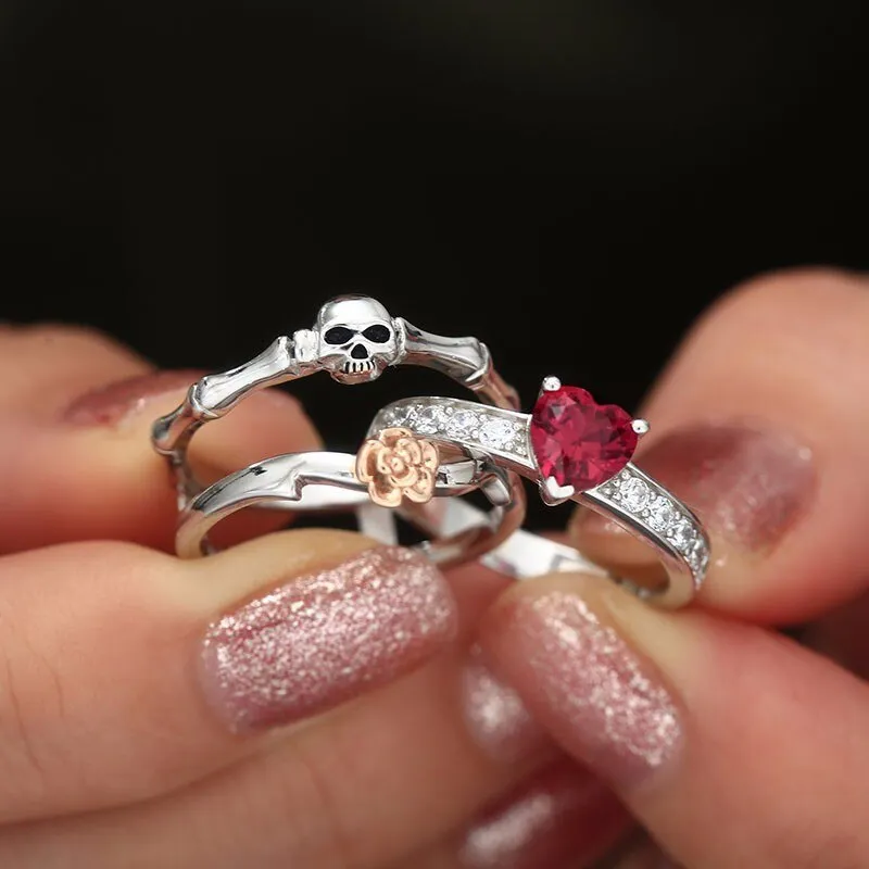 Skull Finger  female wedding rings set For Women Red Heart Crystal CZ Rose Flower Skeleton Gothic