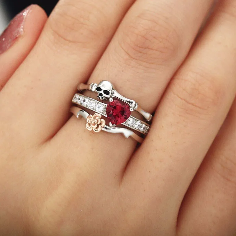 Skull Finger  female wedding rings set For Women Red Heart Crystal CZ Rose Flower Skeleton Gothic