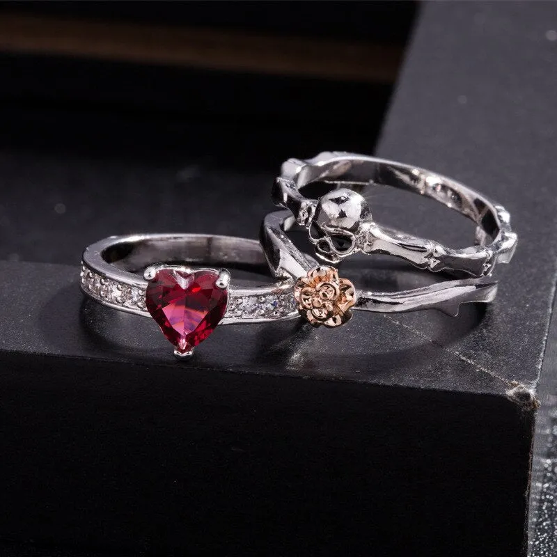 Skull Finger  female wedding rings set For Women Red Heart Crystal CZ Rose Flower Skeleton Gothic