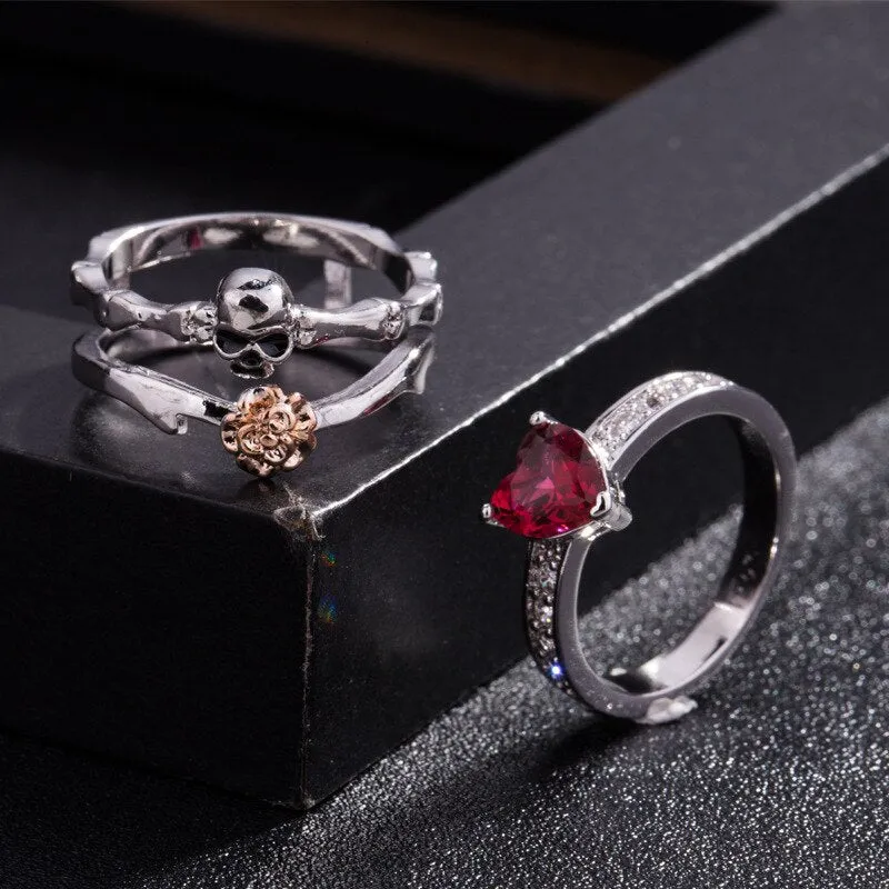 Skull Finger  female wedding rings set For Women Red Heart Crystal CZ Rose Flower Skeleton Gothic