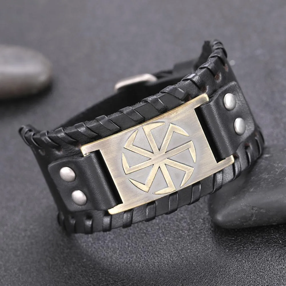 Slavic Wheel Kolovrat Talisman Charm Bracelets Leather Wrap