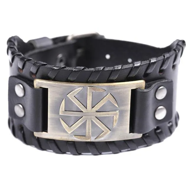 Slavic Wheel Kolovrat Talisman Charm Bracelets Leather Wrap