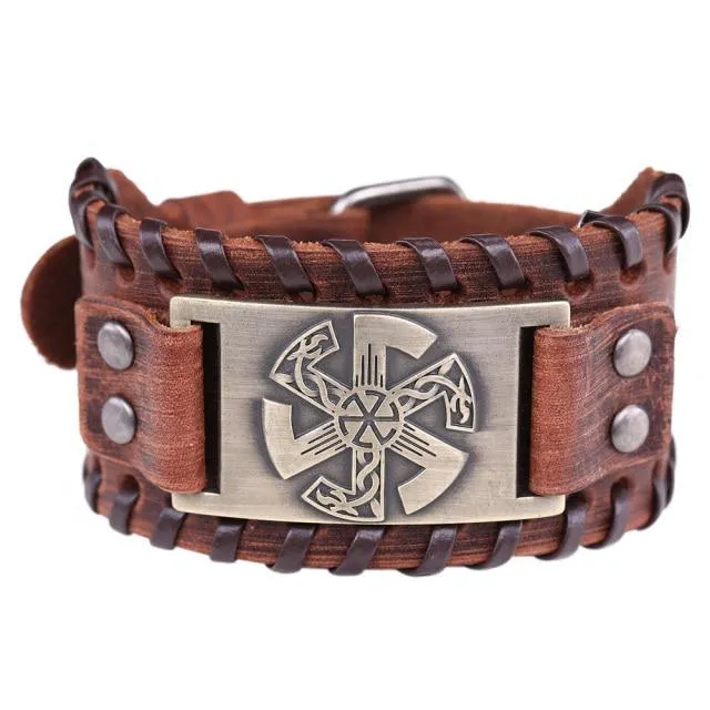 Slavic Wheel Kolovrat Talisman Charm Bracelets Leather Wrap
