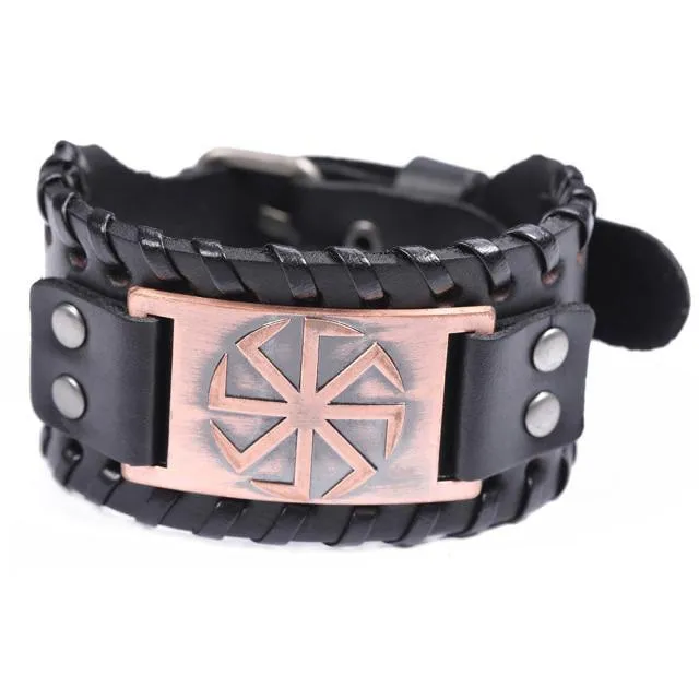 Slavic Wheel Kolovrat Talisman Charm Bracelets Leather Wrap