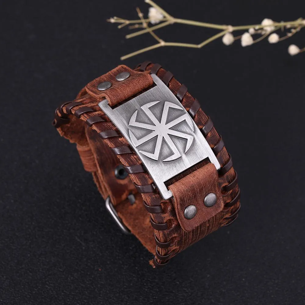 Slavic Wheel Kolovrat Talisman Charm Bracelets Leather Wrap