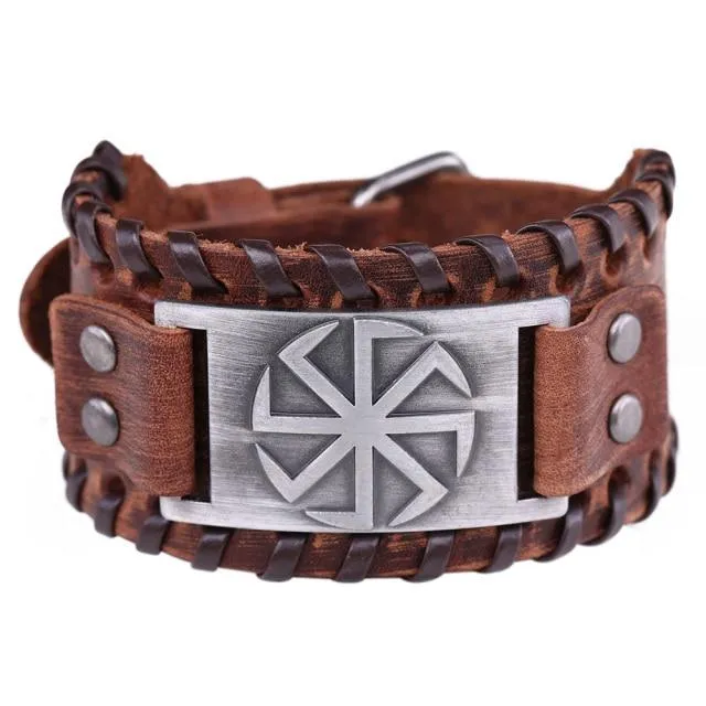 Slavic Wheel Kolovrat Talisman Charm Bracelets Leather Wrap