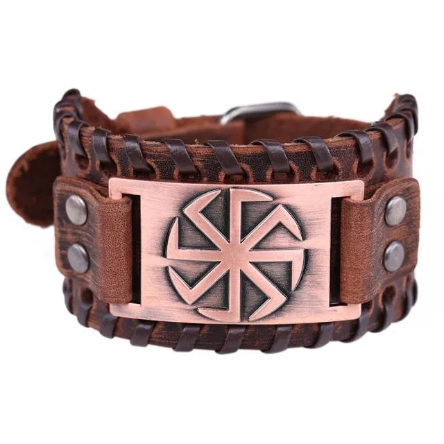 Slavic Wheel Kolovrat Talisman Charm Bracelets Leather Wrap