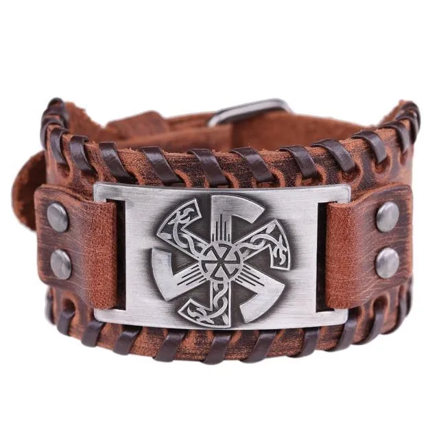Slavic Wheel Kolovrat Talisman Charm Bracelets Leather Wrap