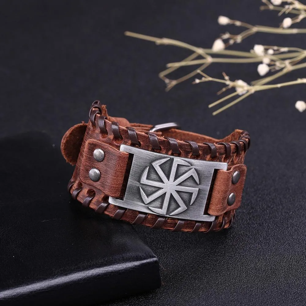 Slavic Wheel Kolovrat Talisman Charm Bracelets Leather Wrap