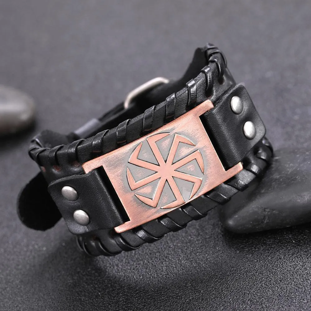 Slavic Wheel Kolovrat Talisman Charm Bracelets Leather Wrap