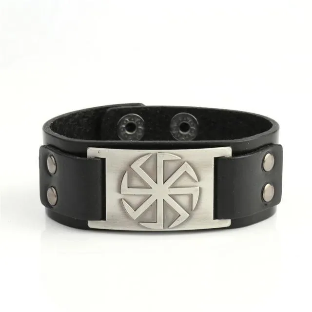Slavic Wheel Kolovrat Talisman Charm Bracelets Leather Wrap
