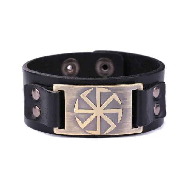 Slavic Wheel Kolovrat Talisman Charm Bracelets Leather Wrap