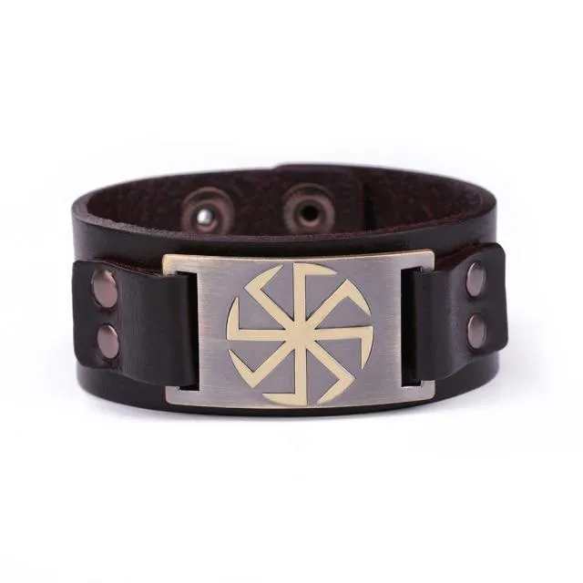 Slavic Wheel Kolovrat Talisman Charm Bracelets Leather Wrap
