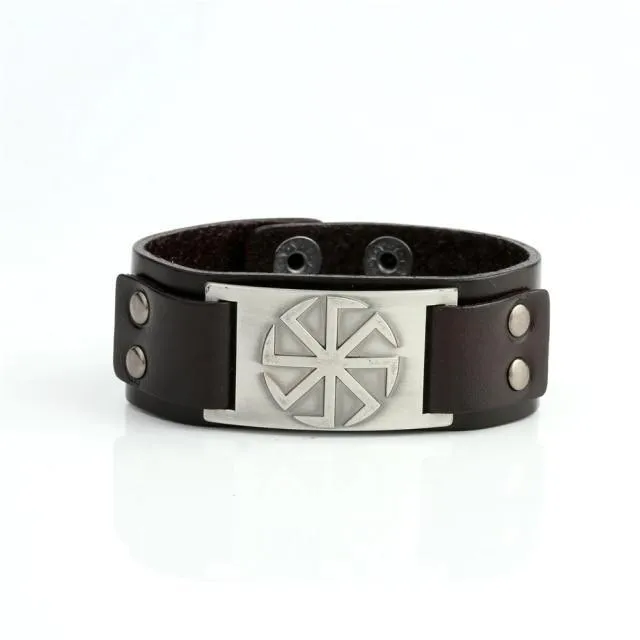Slavic Wheel Kolovrat Talisman Charm Bracelets Leather Wrap