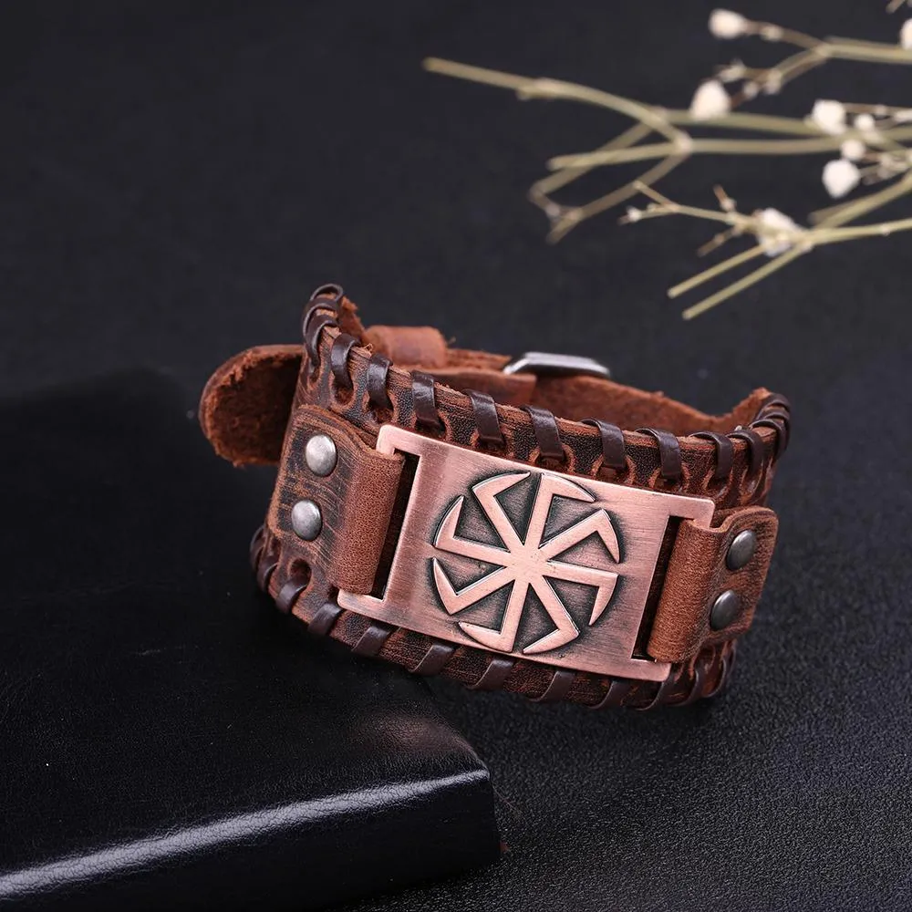 Slavic Wheel Kolovrat Talisman Charm Bracelets Leather Wrap