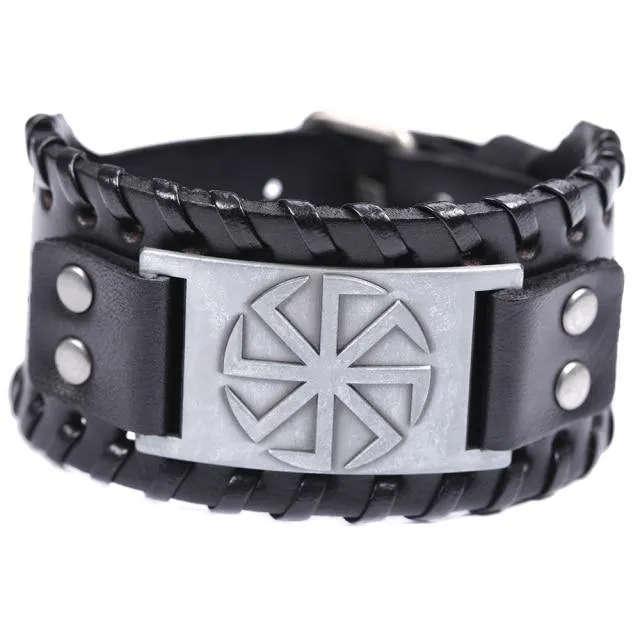 Slavic Wheel Kolovrat Talisman Charm Bracelets Leather Wrap