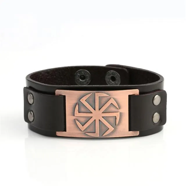 Slavic Wheel Kolovrat Talisman Charm Bracelets Leather Wrap