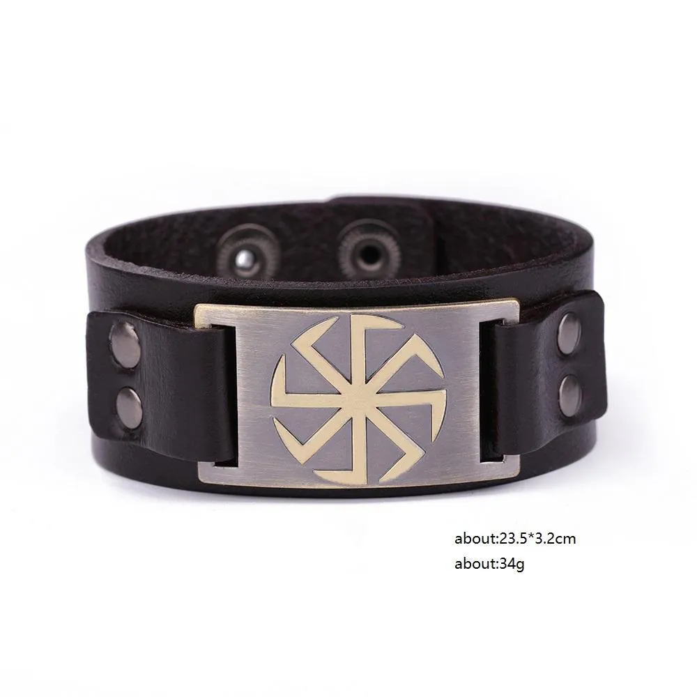 Slavic Wheel Kolovrat Talisman Charm Bracelets Leather Wrap