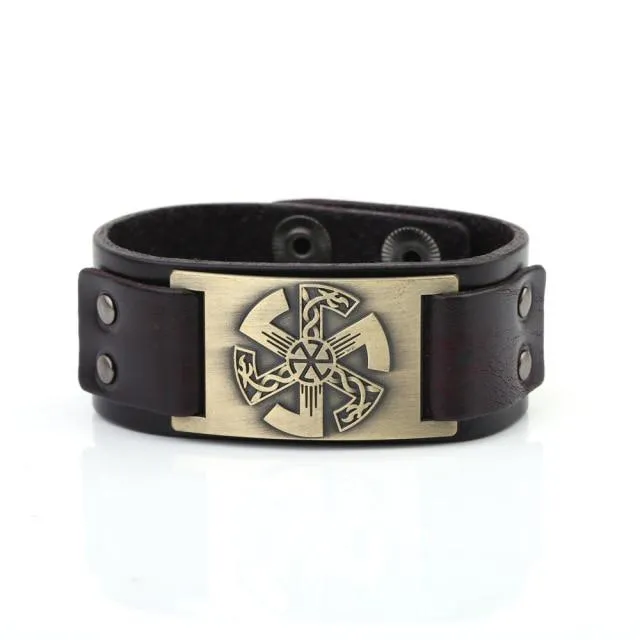 Slavic Wheel Kolovrat Talisman Charm Bracelets Leather Wrap