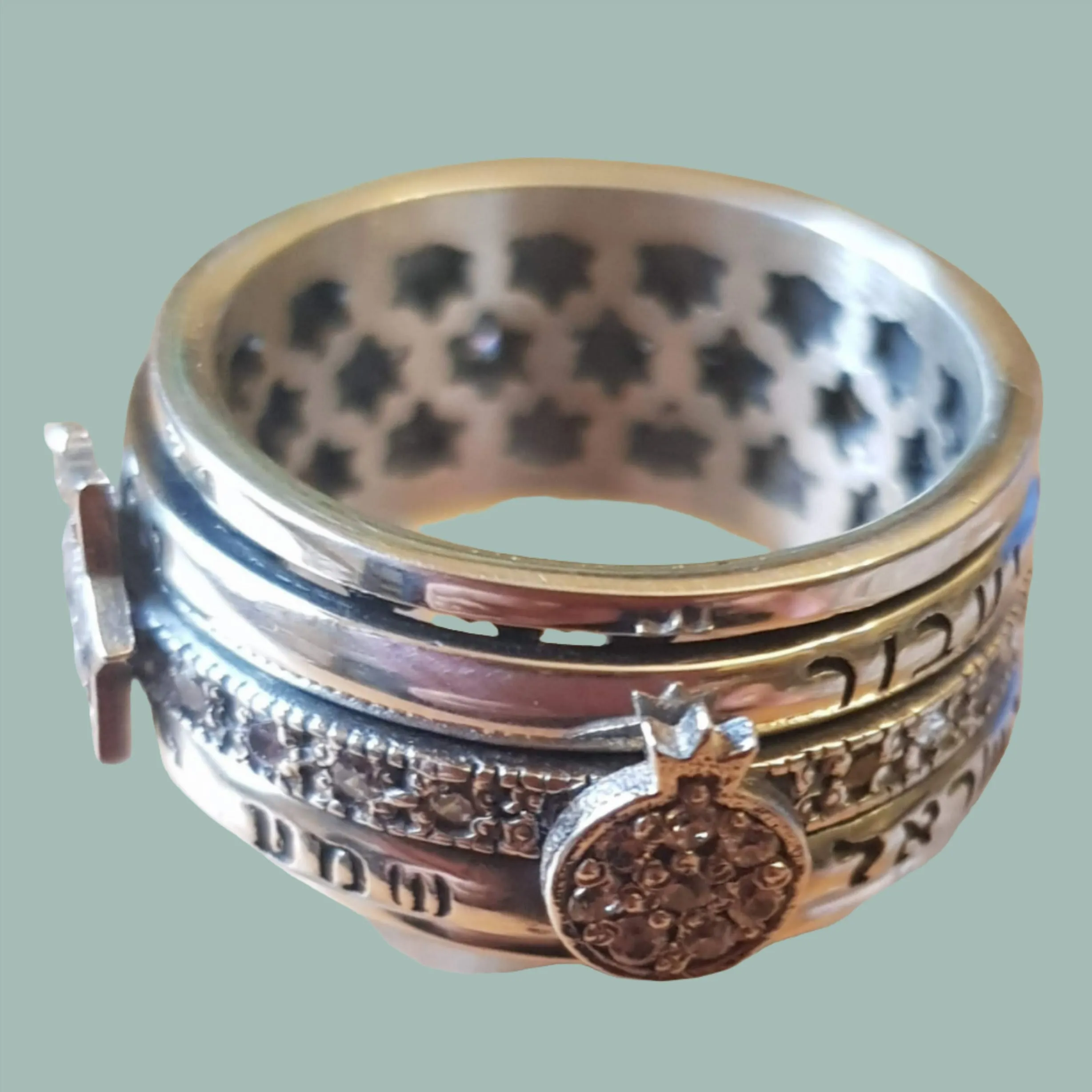 Spinner Ring with Charms Hebrew Engraved Verses