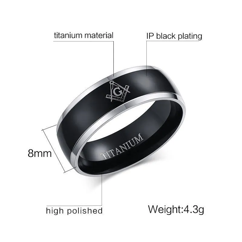 Splendid 100% Titanium Carbide Masonic Black Men's Ring