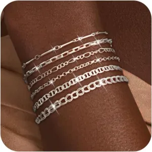 Stack Dainty Silver Bracelets Set for Women Trendy Tarnish Stackable Pack Layered Sterling Paperclip Cuban Link Bracelet Stacking Trending Small Adjustable Stacked Vintage Jewelry Gifts