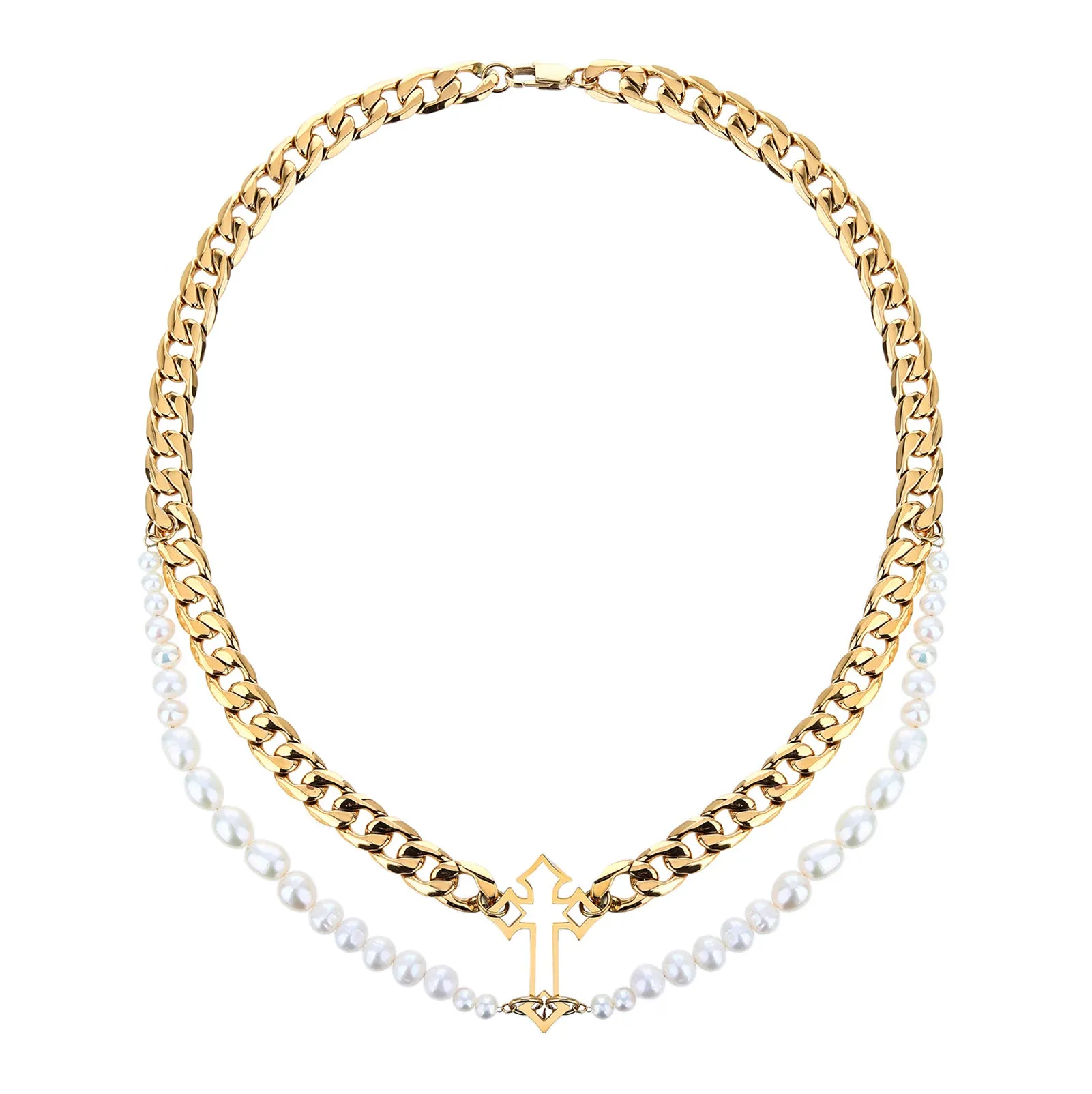 Stainless Steel Cross Pendant Necklace with Saltwater Pearls - Tarnish Free, Layered Design, Women's Jewelry