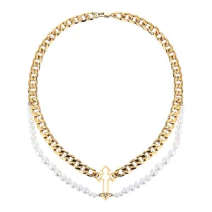 Stainless Steel Cross Pendant Necklace with Saltwater Pearls - Tarnish Free, Layered Design, Women's Jewelry