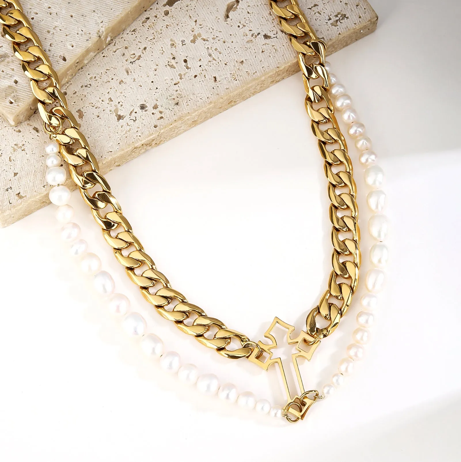 Stainless Steel Cross Pendant Necklace with Saltwater Pearls - Tarnish Free, Layered Design, Women's Jewelry