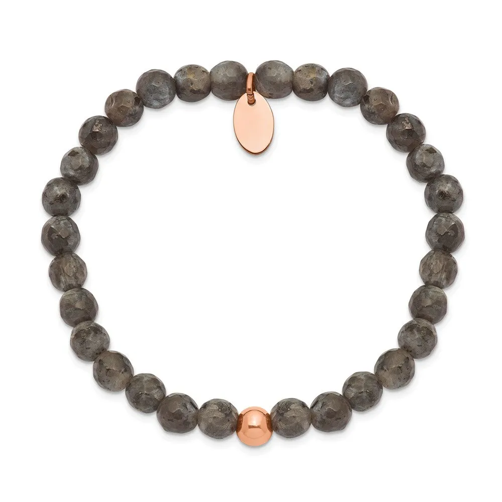 Stainless Steel Polished Rose IP-plated Spectrolite Beaded Stretch Bracelet